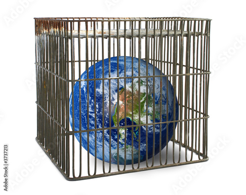 world confined in a cage isolated on white