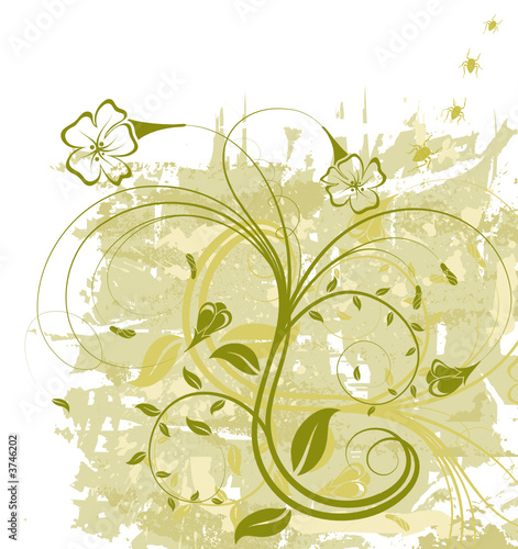 Grunge paint floral background with bug, vector illustration