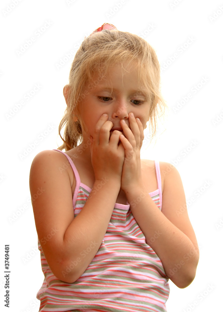 The frightened young girl looks downwards and thinks The frightened young girl looks downwards and thinks
