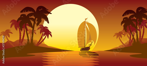 Tropical island sunset, palm trees and sailing vessel