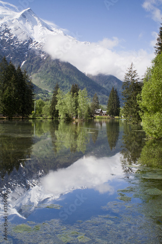 View of Mont Blanc mountain range reflected in lake © Stephen Meese