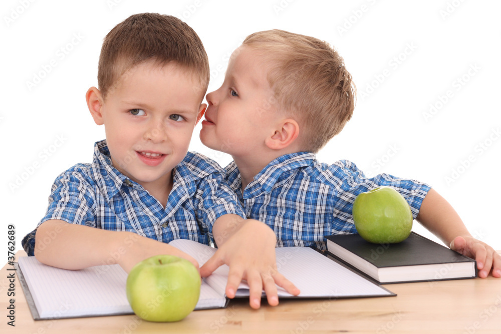 Fototapeta premium two schoolboys at desk isolated on white