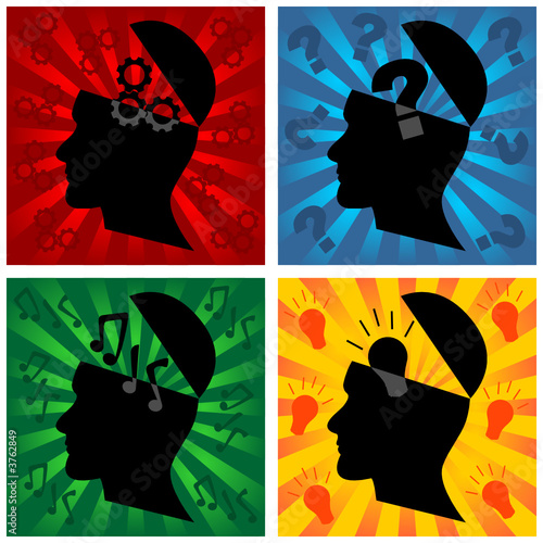 Head silhouette representing different thoughts
