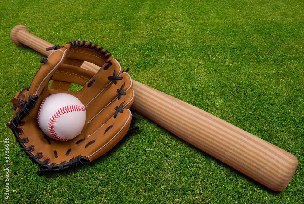 Baseball bat, ball and glove isolated a field of grass Stock Photo Adobe