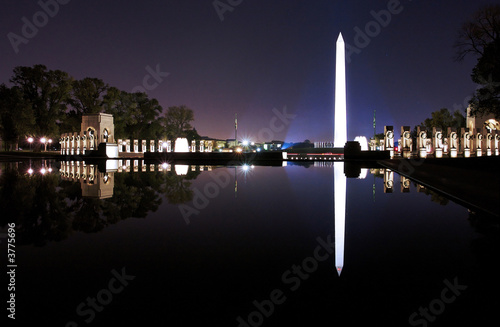 WW II Memorial night with Washington Monument and refelection
