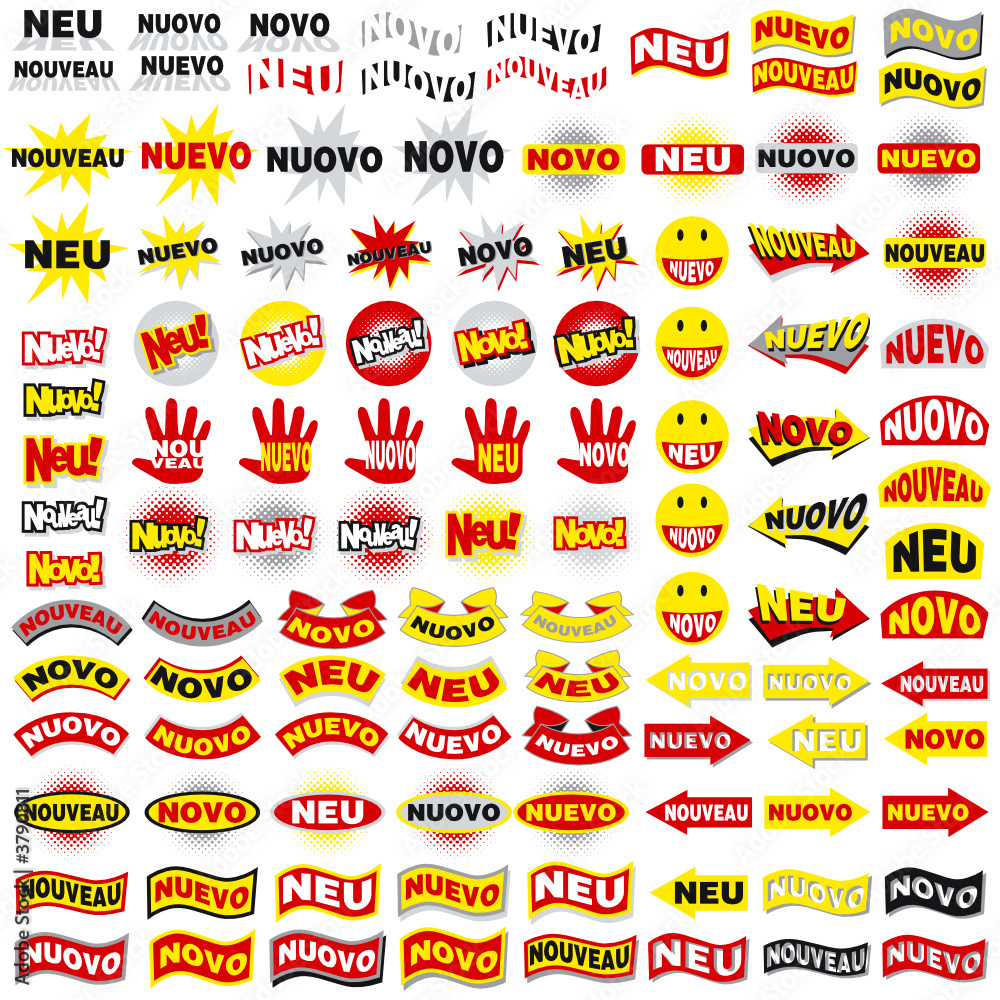 Fototapeta premium Stickers NEU NUEVO NUOVO NOUVEAU NOVO