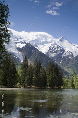 View of Mont Blanc mountain range reflected in lake 