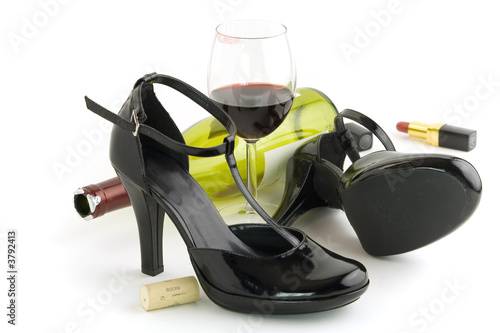 Shoes, wine and lipstick