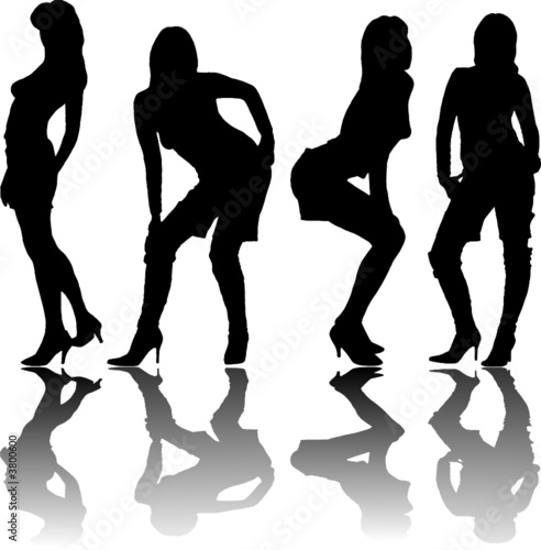 Silhouette of four girls with reflection on a white background
