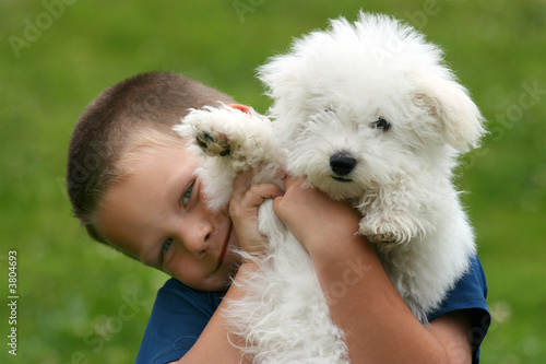 Happy boy bearing a puppy in his arms photo