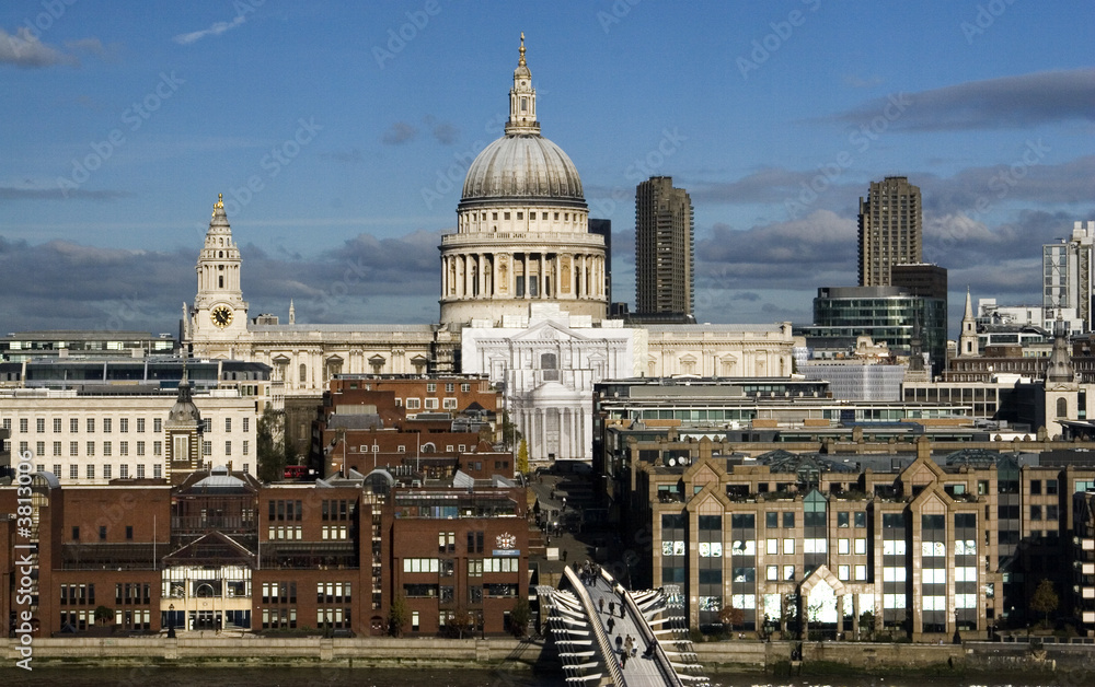 St.Paul Cathedral. View over Thames River with Millennium Bridge