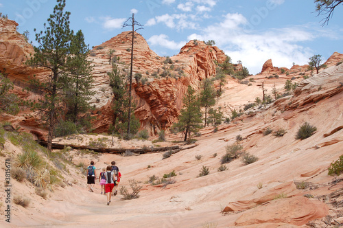 A group hikes in the red rock area of the southwest USA.