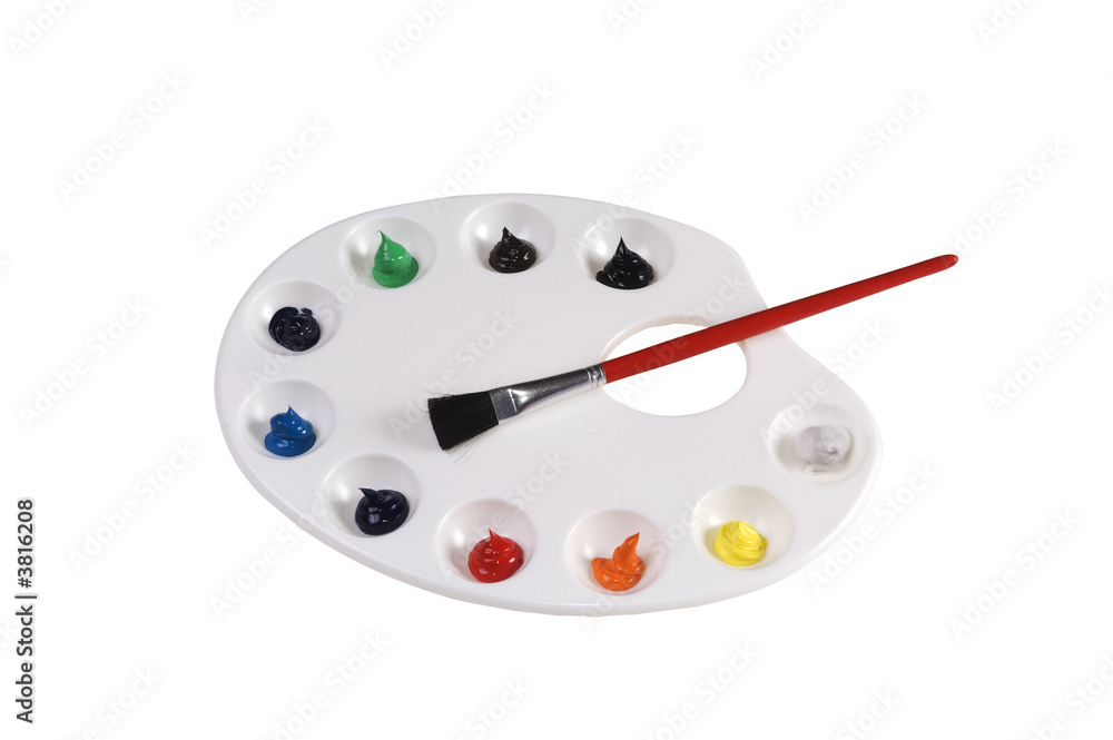 White plastic artist pallette with oil paints ready to use. White plastic artist pallette with oil paints ready to use.