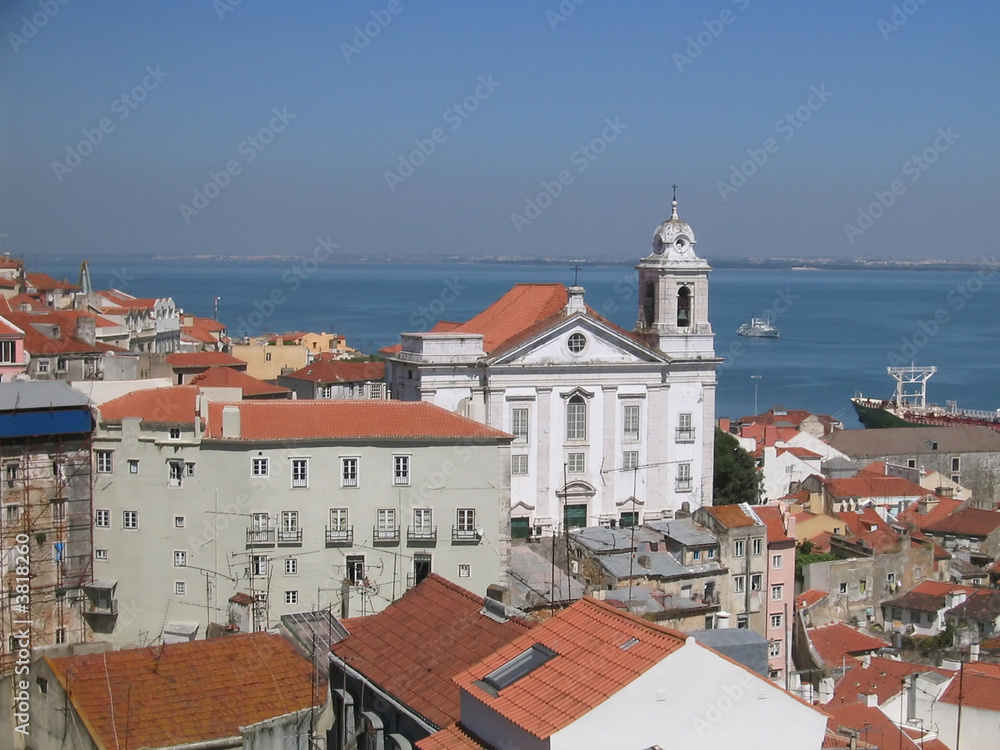 Mediterranean city  with a church and sea-view