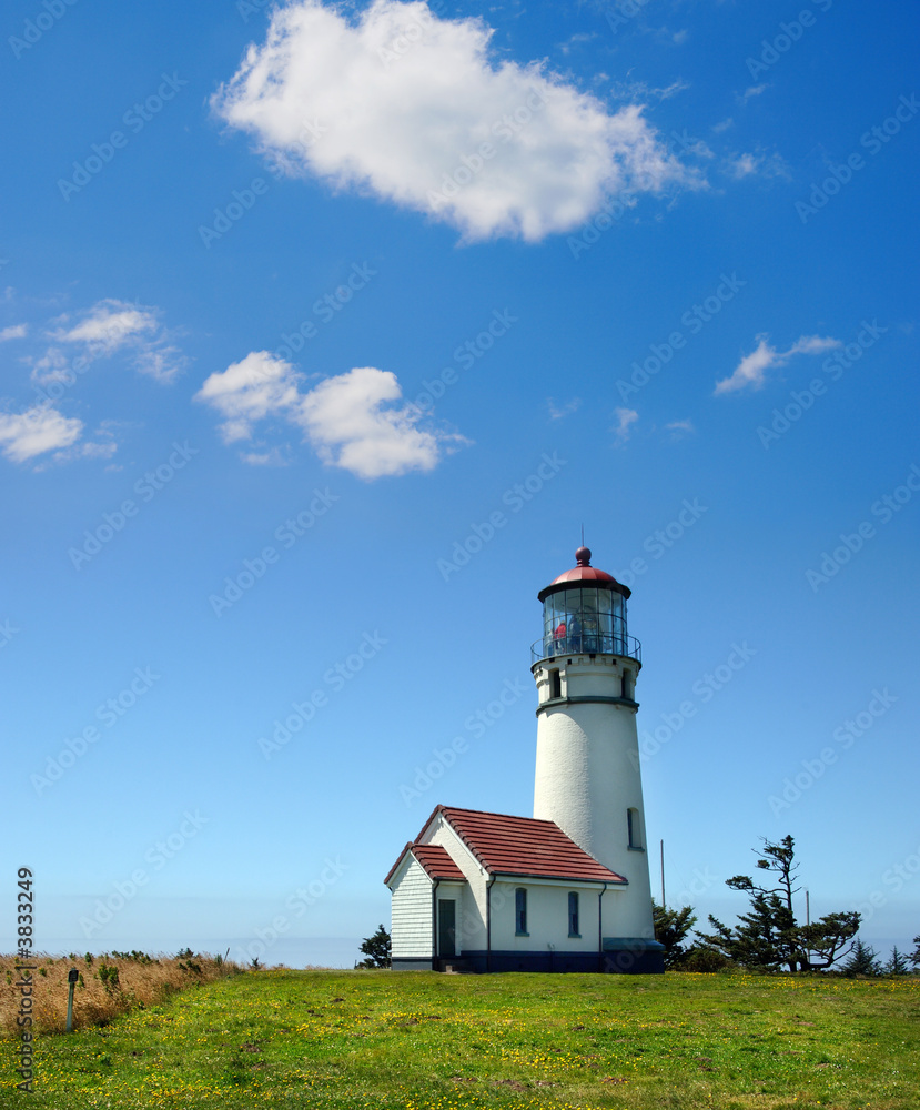 Cape Blanco Lighthouse on the Oregon Coast on a sunny afternoon.