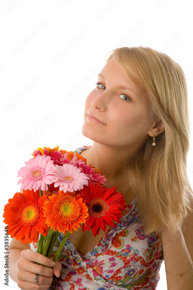 the young woman with flowers on white background