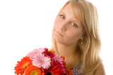 the young woman with flowers on white background