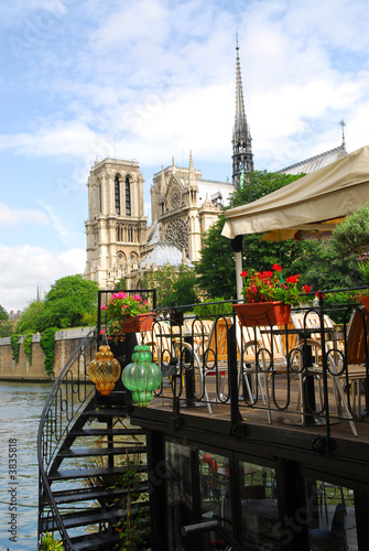 Restaurant on Seine with the view of Notre Dame de Paris  #3835818