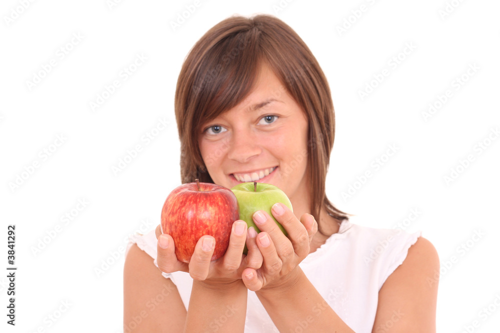 young beautiful woman with fresh apples isolated on white young beautiful woman with fresh apples isolated on white