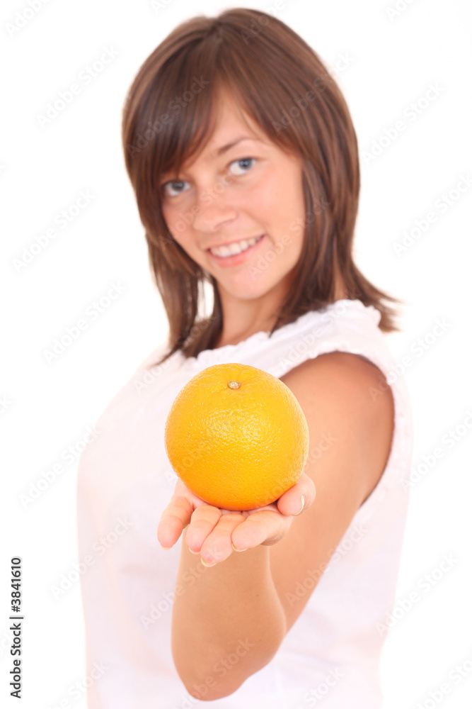 young beautiful woman with fresh orange isolated on white young beautiful woman with fresh orange isolated on white