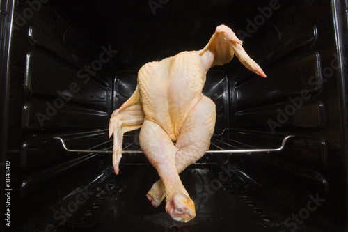 Dancing GMO chicken seated in a oven