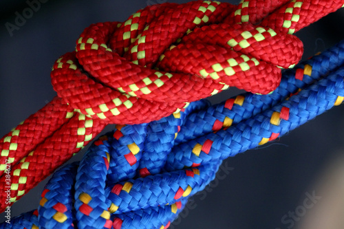 Two figure eight follow through knots in a climbing rope.