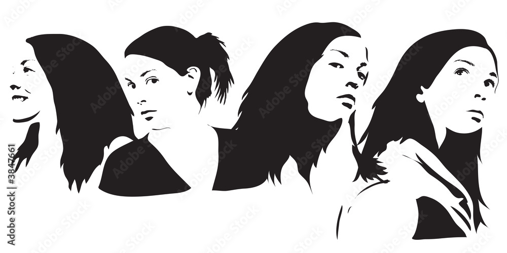 four female black and white silhouettes four female black and white silhouettes