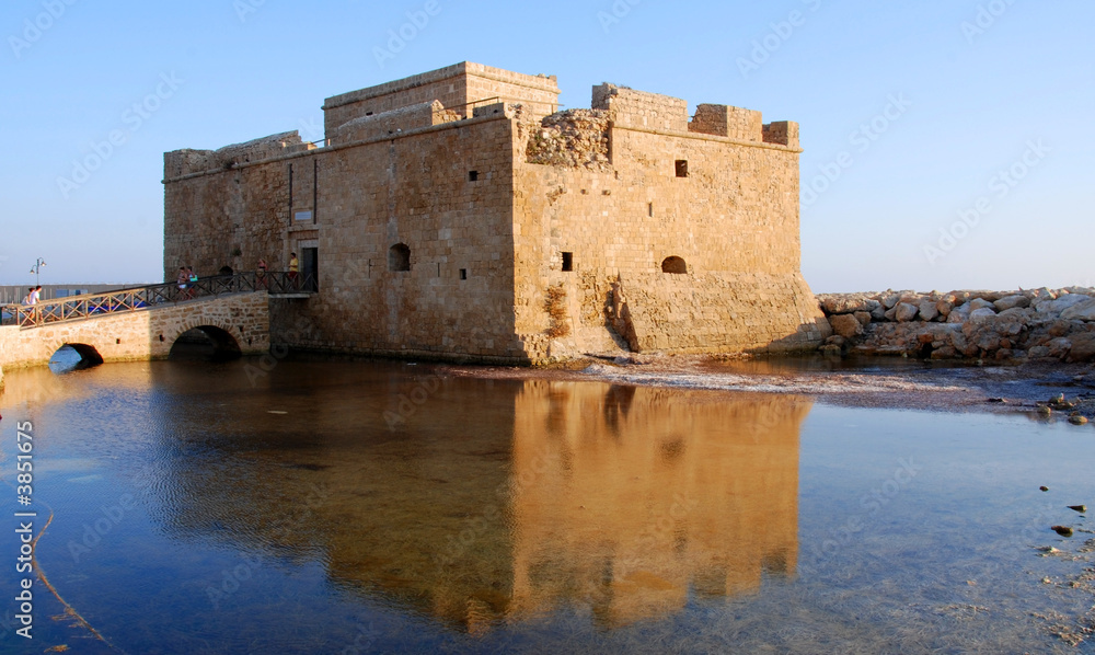 Paphos castle at paphos harbour in Cyprus late in the evening