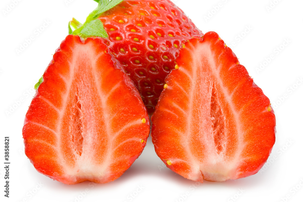 the two halfs and one full strawberry on white background the two halfs and one full strawberry on white background