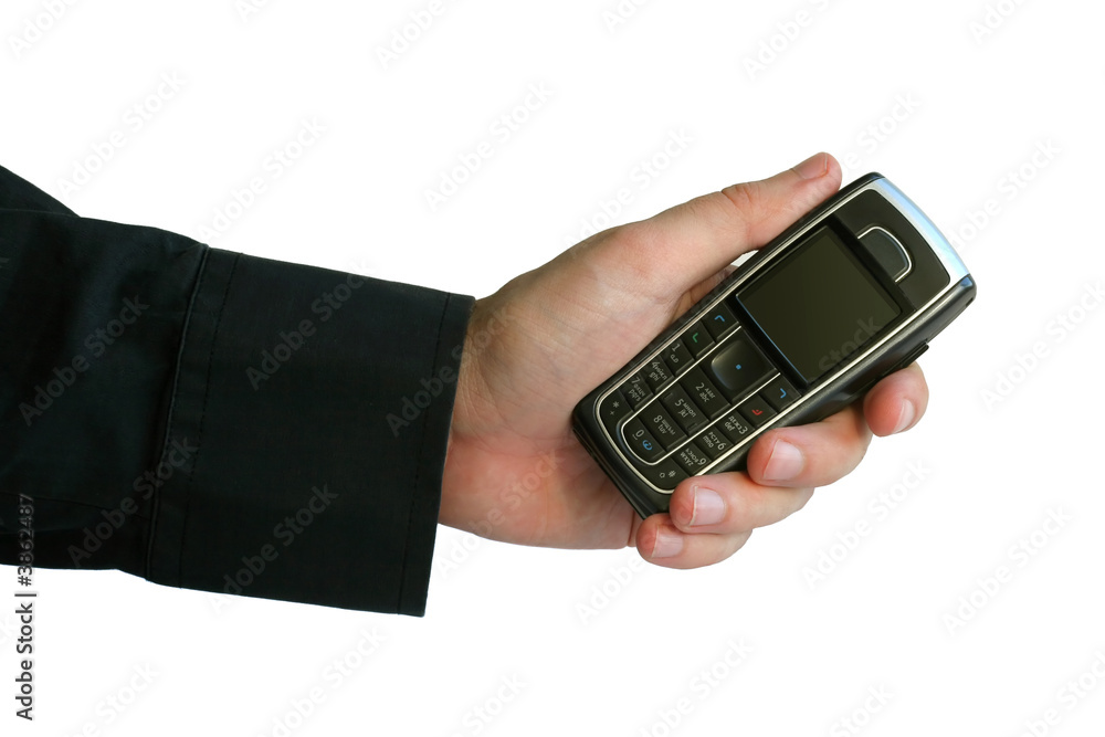 Hand with phone on white background Hand with phone on white background