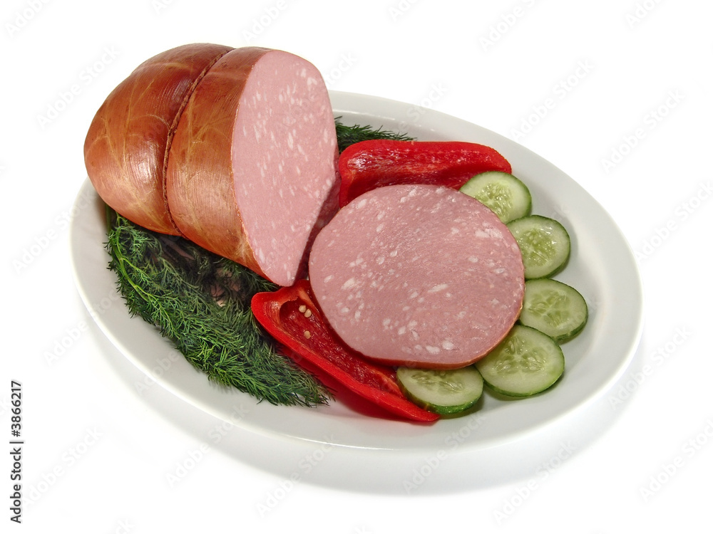 Sausage and vegetables. Isolated on white. Sausage and vegetables. Isolated on white.