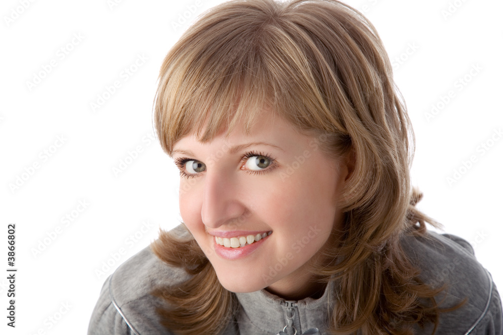 the portrait of young blond woman on white background the portrait of young blond woman on white background