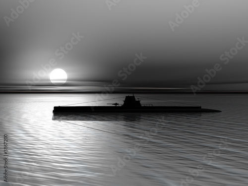 Submarine on a background of a sunset on the sea