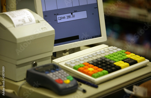 Cash register in shop and credit card register photo