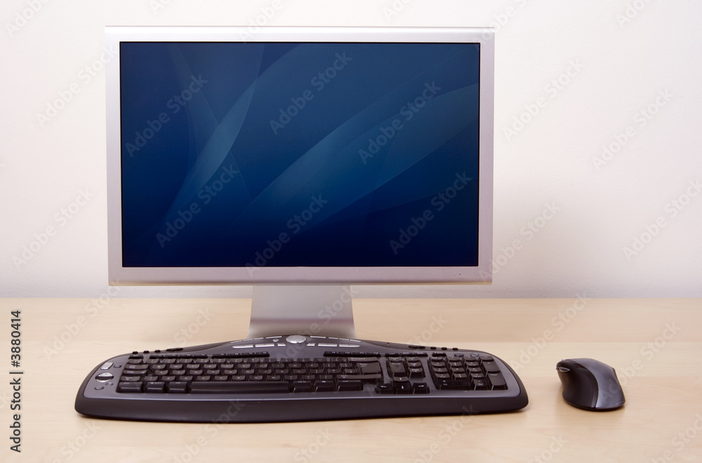 Computer in office with keyboard and mouse. Switch on. Computer in office with keyboard and mouse. Switch on.