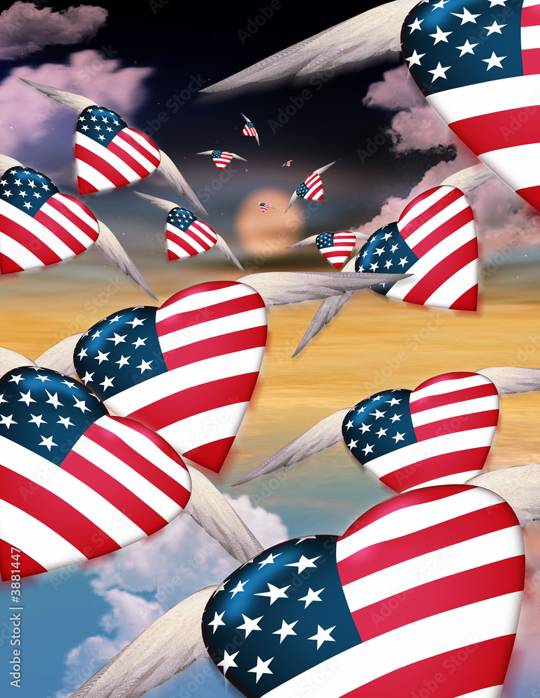 Winged USA hearts in flight