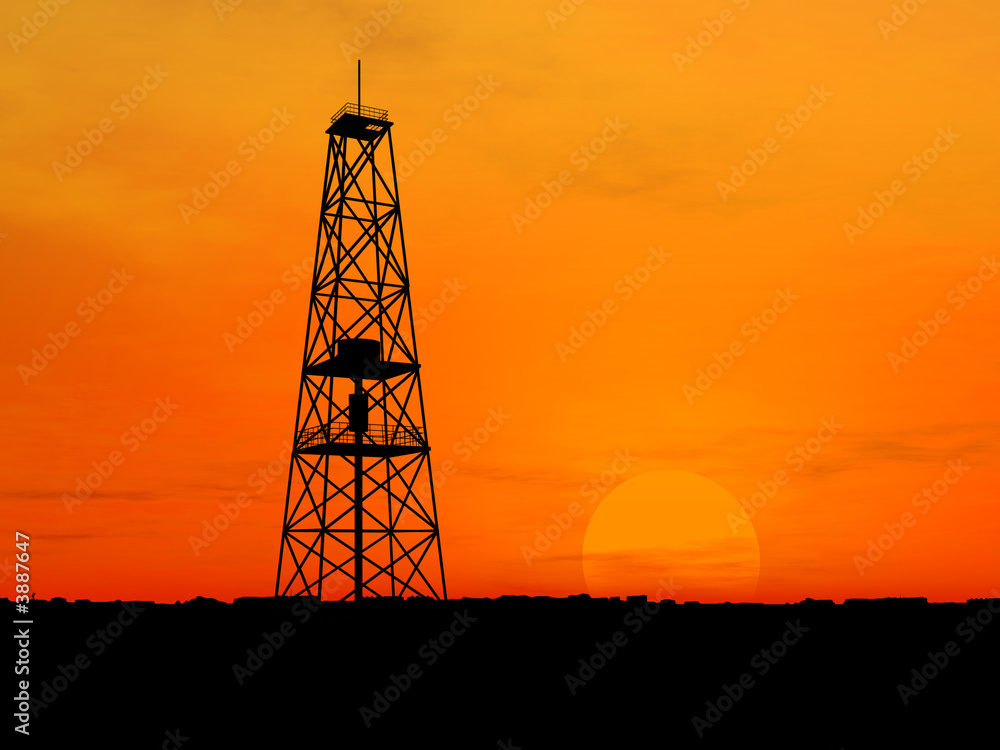 Oil rig silhouette over orange sky