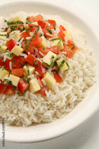 recipe of rice, tomatoes, basil, and mozzarella cheese