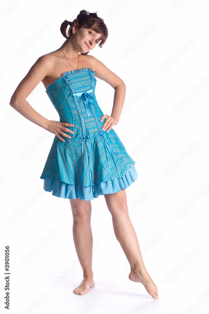 dancing girl in blue dress isolated on white background