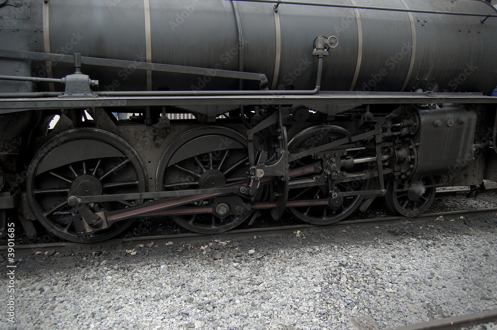 Antique locomotive. Machinery of the wheels