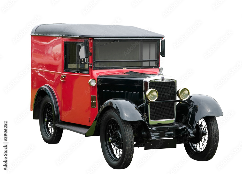 Vintage red delivery van, isolated. With clipping path.