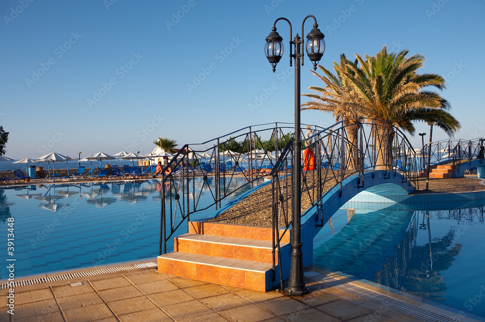 Swimming pool with bridges and palm trees
