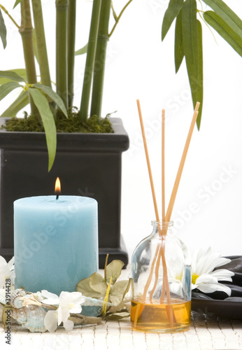 Various spa objects and bamboo plant
