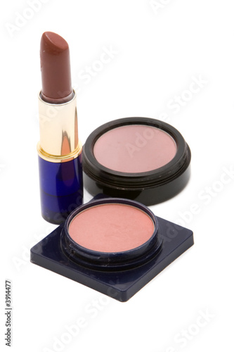 Makeup items on white background