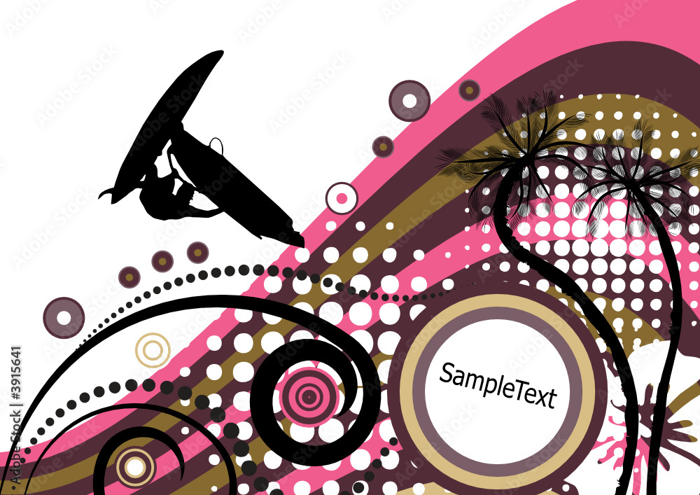 Fototapeta premium groovy grunge vector tropical design with windsurfer in the air