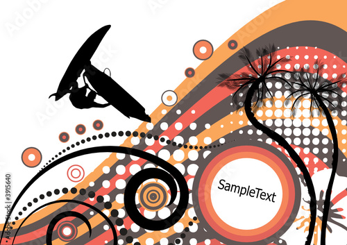 groovy grunge vector tropical design with windsurfer in the air