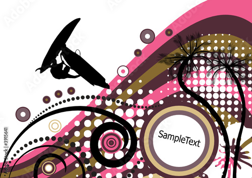 groovy grunge vector tropical design with windsurfer in the air