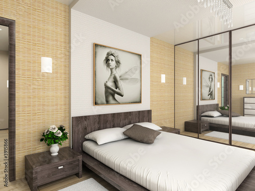 Modern interior. 3D render. Bedroom. Exclusive design.