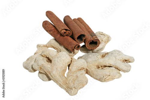 Cinnamon sticks with ginger roots on white background
