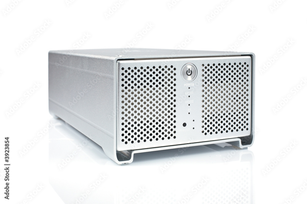 External hard drive reflected on white background External hard drive reflected on white background